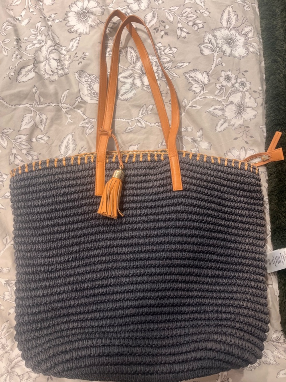 Talbots navy Woven Tote with Tan Leather Handles and Tassel Accent.